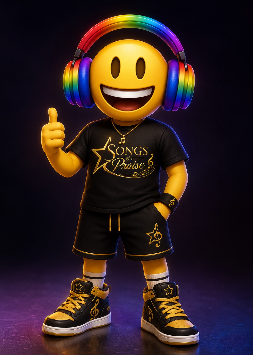 SOPO giving a thumbs-up while wearing rainbow headphones and Songs of Praise clothing